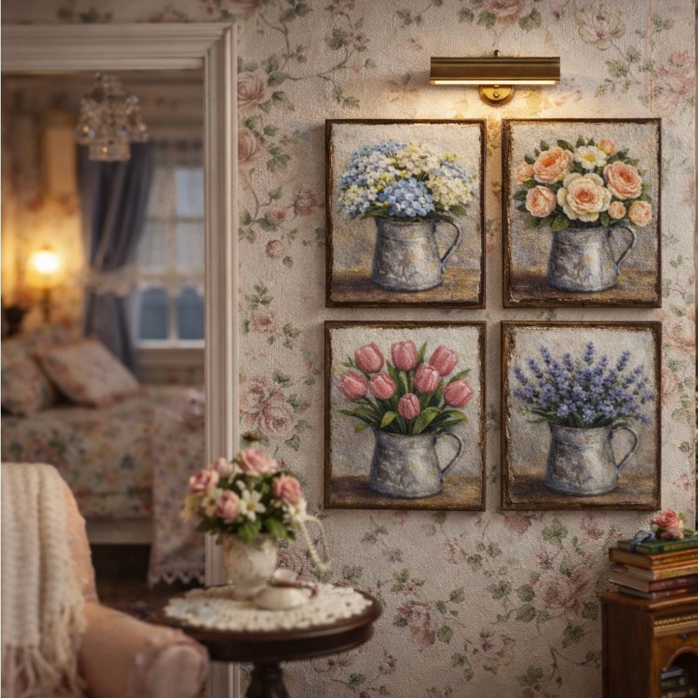 4 mini dollhouse Floral Wall Art Set Rustic farmhouse handmade 1-1/2” x 1-1/8”ea